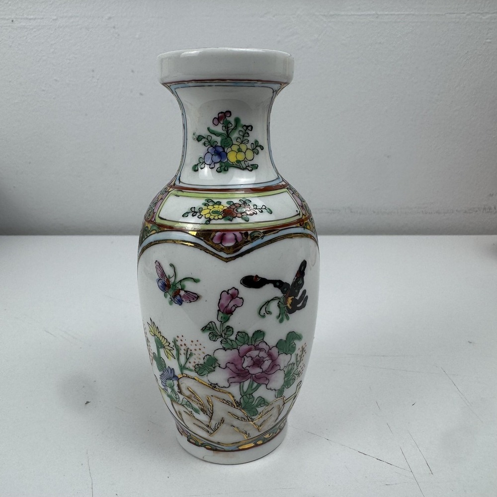 Vtg Chinese Porcelain Vase Famille Rose Floral Bird Butterfly Bud Vase